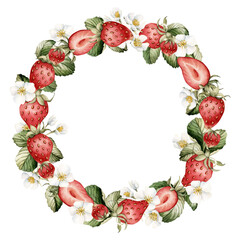 Strawberry wreath, watercolor illustration isolated, summer garden berry fruits for logo, label, food cosmetic packages