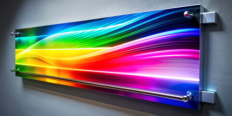 Fototapeta premium Vibrant colors pop on a sleek, glossy sign, its UV-printed finish radiant with depth, durability, and high-quality clarity, showcasing precise ink layers and futuristic design.