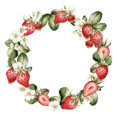 Strawberry wreath, watercolor illustration isolated, summer garden berry fruits for logo, label, food cosmetic packages