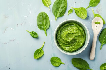 Obraz premium Pureed spinach in a small bowl, Baby food, Iron-rich vegetable
