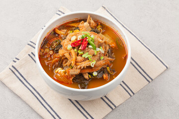  A soup made by boiling cleanly cleaned intestines of beef, chicken, fish, etc. with seasonings such as red pepper paste, soy sauce, garlic, and ginger.