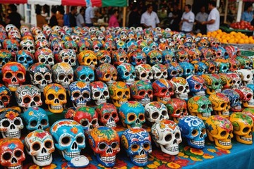 Fototapeta premium Mexican Culture Fiesta: Colorful (colourful) traditional Mexican/hispanic painted ceramic pottery Day of the Dead (Dia de los Muertos) skulls on display at a market in Mexico.