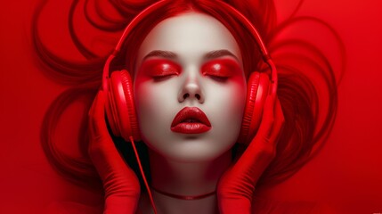 Redheaded female fashion model wearing headphones on a red background. Female. Audio, music, enjoyment, emotions, listening.	
