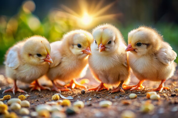 Fototapeta premium Adorable baby chicks with fluffy feathers and tiny beaks peck at scattered seeds on the ground, filling the air with sweet endearing chirps and tweets.