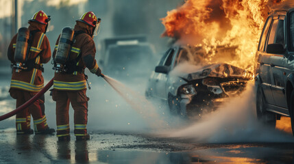 Naklejka premium Firefighter extinguishes car fires during road trips Concepts for safety, safe driving, risks, and fire insurance.