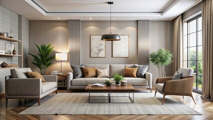 Modern living room with sleek furniture and neutral color palette, modern, living room, sleek, furniture