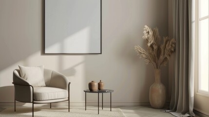 Beige reception room with round armchairs arched windows and desk in a modern hotel interior.