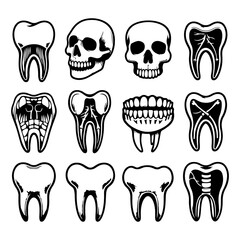 Teeth bone silhouette in one set of vector illustration style with white background