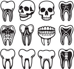Teeth bone silhouette in one set of vector illustration style with white background