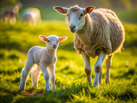 Freshly born lamb takes first wobbly steps in green meadow, surrounded by mother's gentle gaze, symbolizing new life and hope on a sunny spring morning.