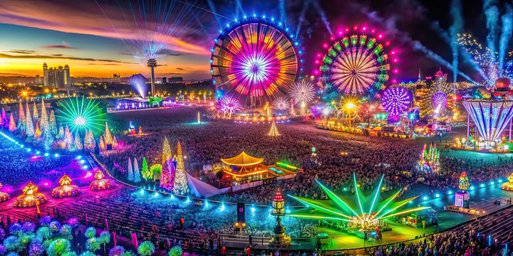 Vibrant and colorful photo of Electric Daisy Carnival EDC event , Music festival, rave, electronic dance music, neon lights