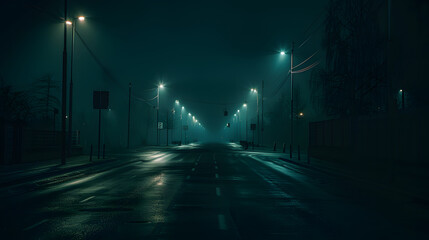 A dark street with a few street lights and a few cars