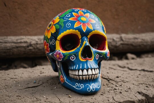 Mexican craftsmanship: mud calaca painted with colors. A calaca is a figure of a skull or skeleton commonly used for decoration during the Day of the Dead festival.