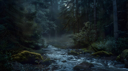 A dark forest with a stream running through it