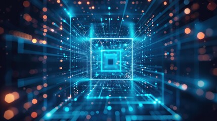 Abstract futuristic background with blue digital lines and glowing dots forming an open square tunnel on a dark backdrop.