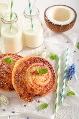 Delicious coconut rolls as swedish dessert. Scandinavian dessert.