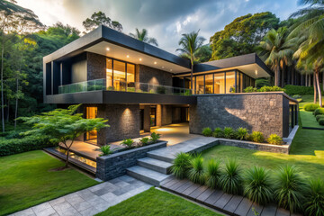 Fototapeta premium Luxurious modern villa surrounded by lush greenery, featuring sleek lines, black stone walls, and a serene atmosphere, evoking a cinematic sense of refinement and elegance.