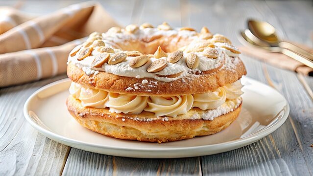 Light luscious dessert Paris-Brest Amadine on a white plate, topped with almonds and cream, Paris-Brest, Amadine, dessert, light