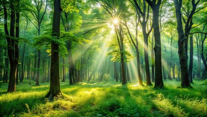Fototapeta premium Lush green forest landscape with sunlight filtering through the trees, nature, woods, trees, foliage, wilderness, greenery