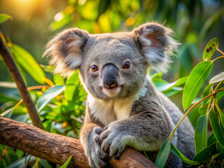 Fototapeta premium Adorable gray Australian koala lounges on a sun-kissed eucalyptus branch, gazing directly at the camera with a relaxed, endearing expression, surrounded by lush green leaves.