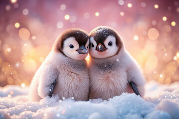 Two adorable baby penguins snuggle up together, surrounded by a soft pink bokeh background, conveying love, friendship, and togetherness in a serene snowy landscape.