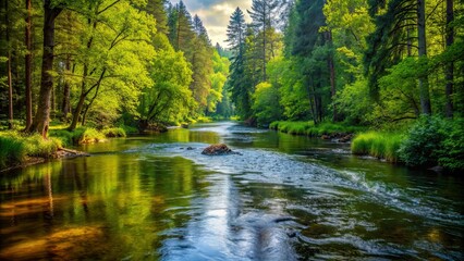 Serene river flowing through dense woods , nature, outdoor, forest, landscape, peaceful, tranquil, stream, greenery