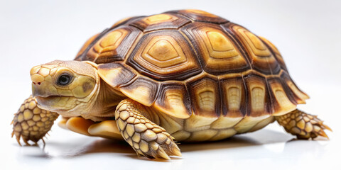 Fototapeta premium Adorable young African Sulcata tortoise with distinctive brown and yellow shell pattern poses alone on a pure white background, illuminated by soft studio lighting.