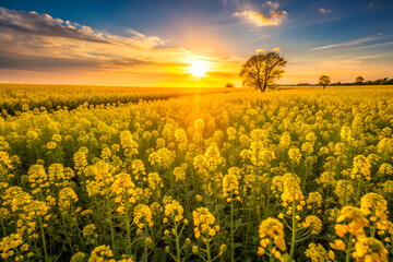 Obraz premium A golden field of mustard flowers in late afternoon light, generative ai