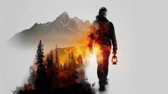 Mysterious Figure Holding Lantern in Fiery Forest with Mountain Background
