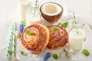 Sweet coconut rolls with powdered sugar. Popular Swedish dessert.