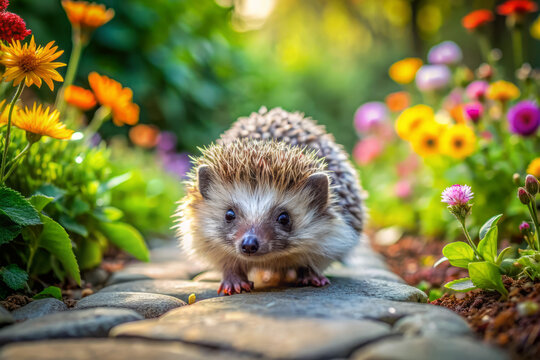 Small curious baby hedgehog with prickly spines and bright eyes crawls along a winding stone garden path surrounded by lush green foliage and colorful flowers.