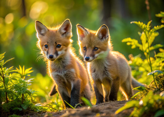 Naklejka premium Adorable wild baby red foxes frolic and chase each other through sun-dappled underbrush, their bushy tails and curious gazes capturing pure forest innocence.
