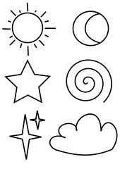 icons in vector, sun, moon, crescent, star, spiral, cloud