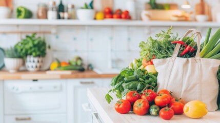 Reusable bag filled with fresh vegetables and herbs on a kitchen counter, promoting a healthy and eco-friendly lifestyle. Ideal for home cooking themes.