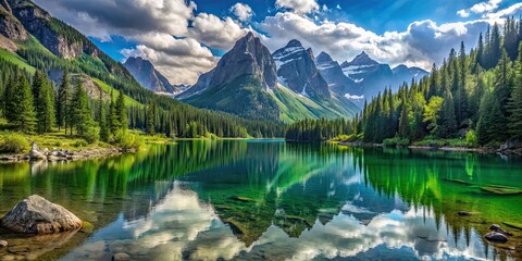 Serene mountain lake surrounded by lush greenery and towering peaks, mountains, lake, nature, landscape, tranquil, scenic