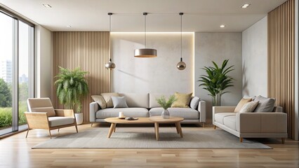 Modern and minimal living room with clean lines and neutral colors, interior design, contemporary, empty space