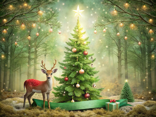 Whimsical forest scene featuring a festive green toned Christmas banner, beautifully decorated tree, adorable baby deer, and ample blank space for custom text, exuding magic.