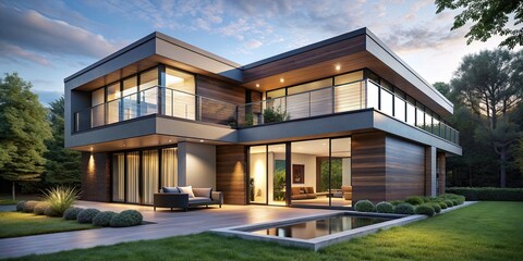 Fototapeta premium Modern exterior house with clean lines and large windows, architecture, design, contemporary, residential, facade, white