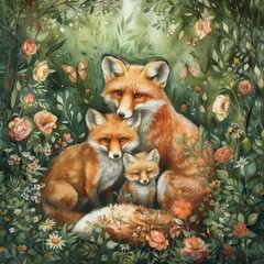 Obraz premium A family of foxes in a lush green forest