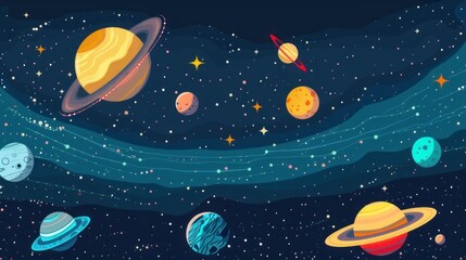 Vector flat illustration of the solar system with all planets and rings, in a cartoon style.