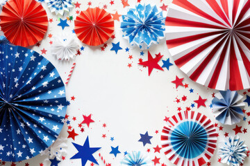 Obraz premium 4th of July USA celebrations on white background with copy space, red blue and white striped paper fans.