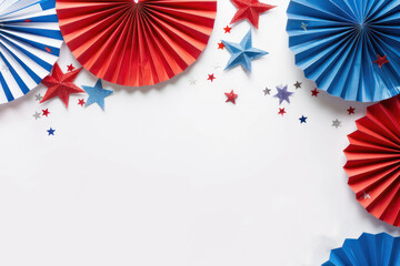 Obraz premium 4th of July USA celebrations on white background with copy space, red blue and white striped paper fans.