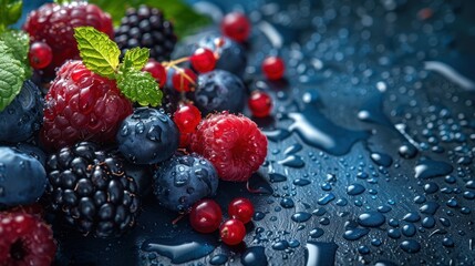 Fresh mixed berries including raspberries, blackberries, and blueberries with water droplets. High quality food photography concept.