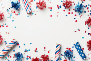 Obraz premium 4th of July USA celebrations on white background with copy space, red blue and white striped paper fans.