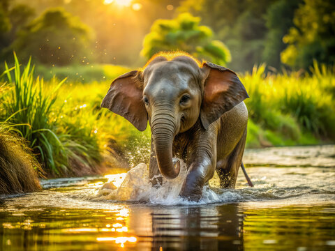 Adorable baby elephant playsfully splashes in a serene watering hole, surrounded by lush greenery and warm sunlight, showcasing its innocence and carefree nature.