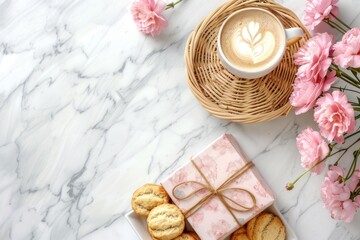Flat lay top view copy space empty blank mock file with white frame on wicker tray, coffee cup and peonies flowers on beige blanket background.
