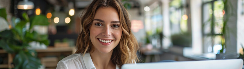 Obraz premium Cheerful woman using laptop in modern office, smiling at camera. Positive and professional atmosphere.