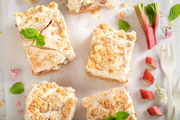 Tasty and sweet rhubarb yeast cake served with tea.