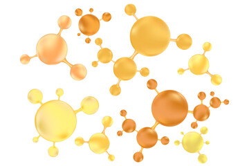 Aesthetic beige, gold molecule of hyaluronic acid or collagen, yellow, brown nano 3D cell vector bio scientific icon. Cosmetology treatment isolated elements Beauty science skin care molecular concept