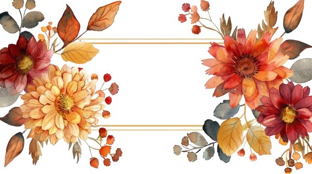 Watercolor autumn floral frame with vibrant flowers and leaves, perfect for seasonal invitations and event designs.